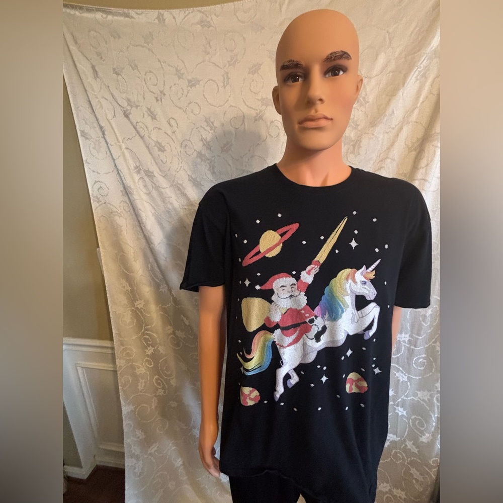 ANVIL Mens 2XL Santa Claus On A Unicorn In Space Black T-Shirt (Good Condition)